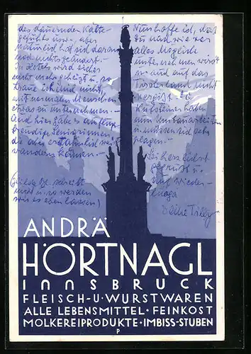 Künstler-AK Innsbruck, Reklame Fleischgeschäft und Imbiss Hörtnagel, Turm vor Stadt-Silhouette