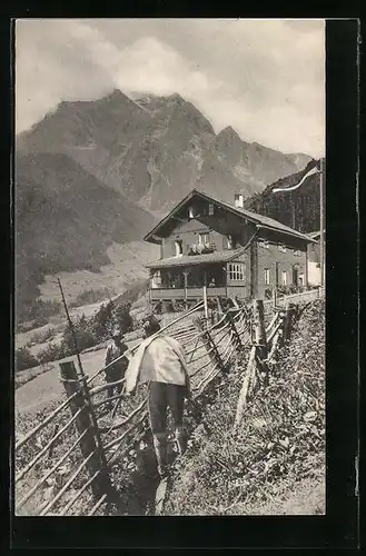 AK Finkenberg, Gasthaus Astegg mit Bergblick