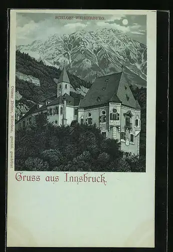 Mondschein-AK Innsbruck, Schloss Weiherburg vor Gebirgsmassiv