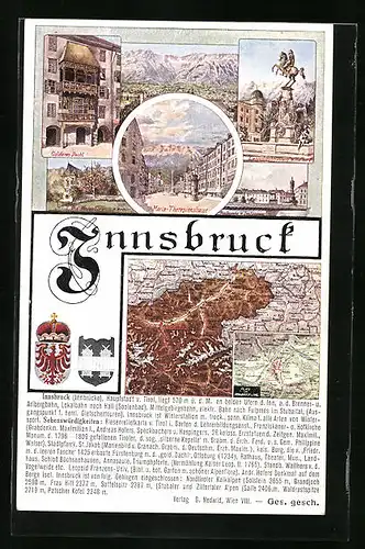 AK Innsbruck, Goldenes Dachl, Maria-Theresienstrasse, Leopoldsbrunnen, Landkarte