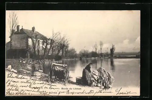 AK Waschfrau am Ufer eines Sees