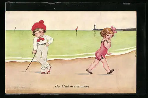 AK Junge schaut Mädchen in Bademode am Strand hinterher