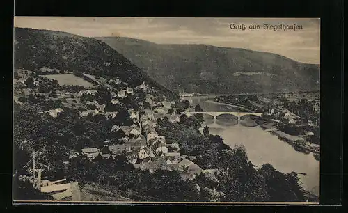 AK Ziegelhausen b. H., Ortsansicht mit Neckarbrücke aus der Vogelschau