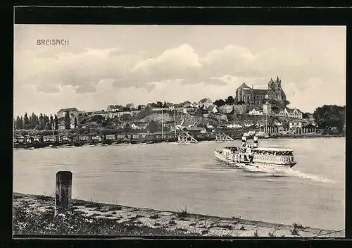 AK Breisach, Ortsansicht mit Rheindampfer