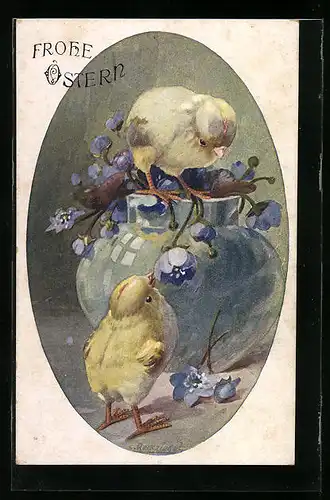 Künstler-AK Eduard Reckziegel: Zwei Küken und Vase mit Blüten