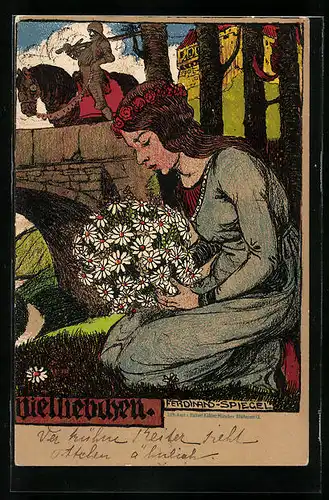 Künstler-AK Ferdinand Spiegel: Vielliebchen mit Blumen vor Ritter in Rüstung
