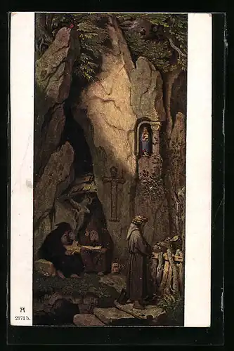 Künstler-AK Moritz von Schwind: Drei Einsiedler lesen und füttern Wild in einer Felsengrotte