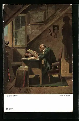 Künstler-AK Carl Spitzweg: Ein Besuch, älterer Herr beobachtet ein Vögelchen auf dem Fensterbrett