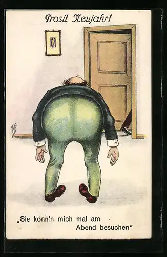 Künstler-AK Willi Scheuermann: Prosit Neujahr, Sie könn`n mich mal am Abend besuchen