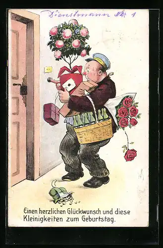 Künstler-AK Willi Scheuermann: Einen herzlichen Glückwünsch und diese Kleinigkeiten zum Geburtstag