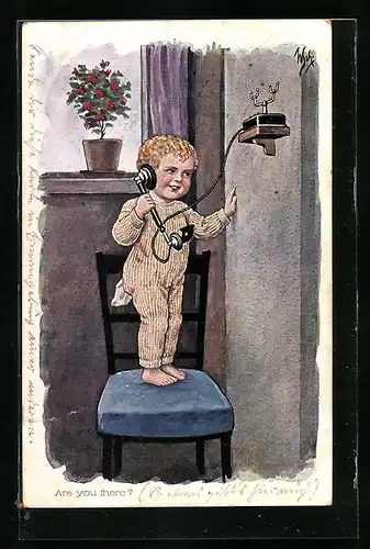 Künstler-AK Willi Scheuermann: Are you there? Kind am Telefen