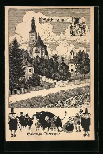 Künstler-AK Ulf Seidl: Salzburg-Mülln, Blick zur Kirche, Salzburger Stierwäsche