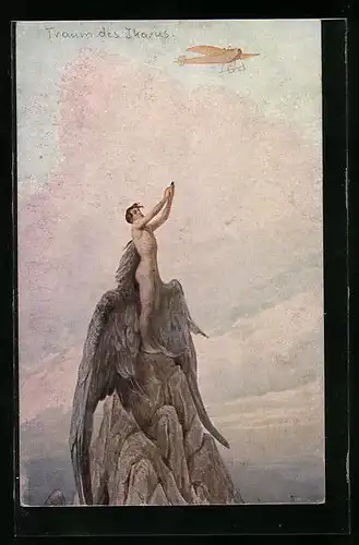 Künstler-AK S. Solomko: Traum des Ikarus, Engel greift nach einem Flugzeug