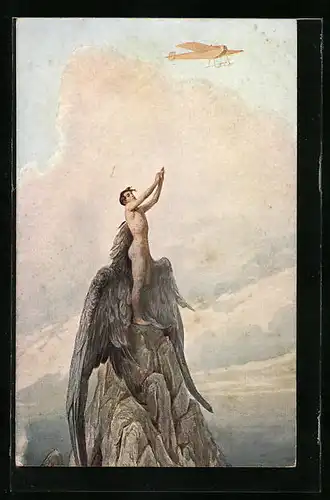 Künstler-AK S. Solomko: Traum des Ikarus, Engel greift nach einem Flugzeug