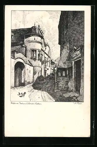 Künstler-AK Ulf Seidl: Strasse und Rathaus in Dürnstein