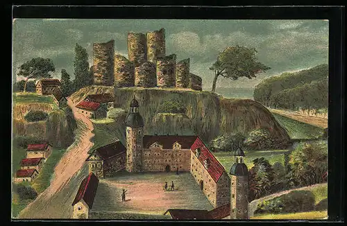 Künstler-AK Bad Lobenstein, Burgruine mit Schloss