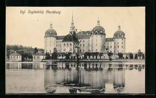 AK Moritzburg, Königliches Jagdschloss vom Wasser gesehen