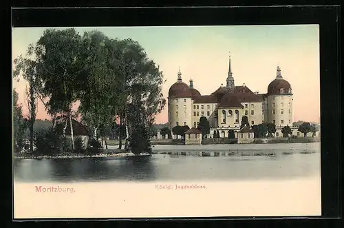AK Moritzburg, Königliches Jagdschloss vom Wasser aus