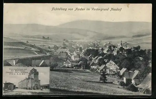 AK Neudorf /Sa., Ortsansicht mit Fichtelberg, Unterkunftshaus auf dem Fichtelberg