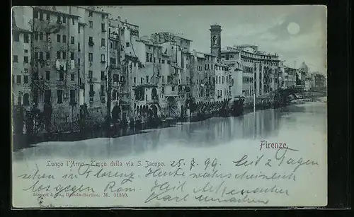 Mondschein-AK Firenze, Lungo l` Arno, Vergo della via S. Jacopo