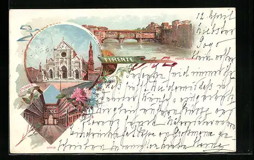 Lithographie Firenze, Sta. Croce und Uffizi