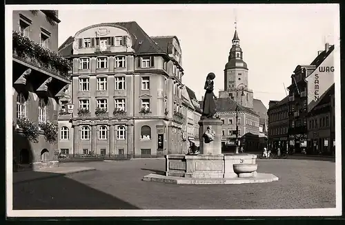 Fotografie Brück & Sohn Meissen, Ansicht Döbeln i. Sa., Blick auf den Obermarkt mit Haus der allgemeinen Credit Anstalt