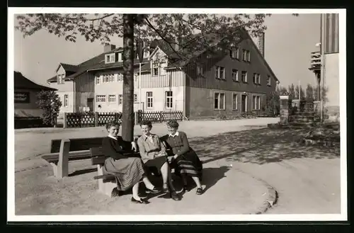 Fotografie Brück & Sohn Meissen, Ansicht Moritzburg b. Dresden, Partie am Heidehof mit Damen auf der Bank