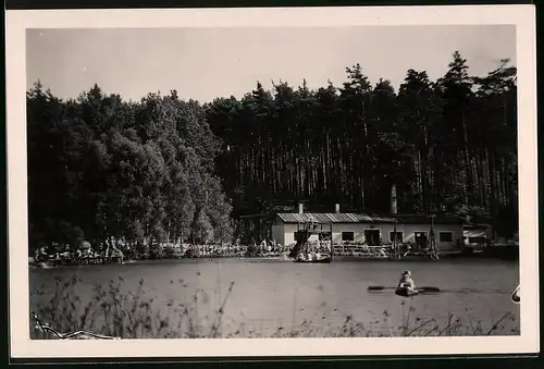 Fotografie Brück & Sohn Meissen, Ansicht Schmannewitz i. Sa., Blick auf das Bad Waldteich mit Wasserrutsche