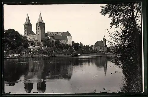 Fotografie Brück & Sohn Meissen, Ansicht Rochlitz, Flusspartie mit Blick auf das Schloss und Kirche