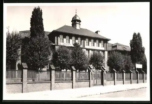 Fotografie Brück & Sohn Meissen, Ansicht Lauchhammer, Blick auf die Schule mit Spruch: Freundschaft - Friedenskämpfer