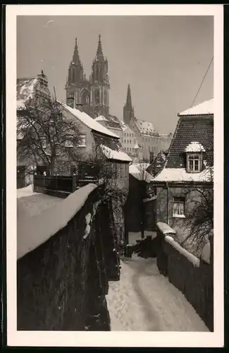 Fotografie Brück & Sohn Meissen, Ansicht Meissen i. Sa., Blick auf die Freiheit und Rote Stufen im verschneiten Winter