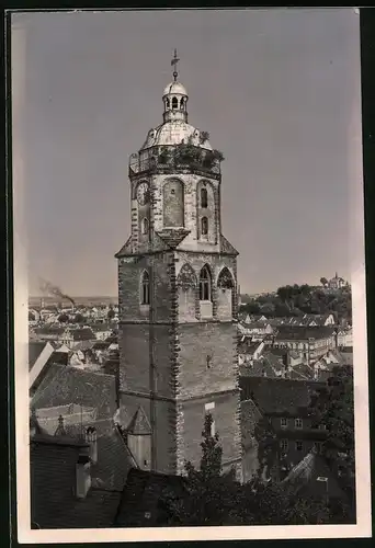 Fotografie Brück & Sohn Meissen, Ansicht Meissen i. Sa., Blick auf den Turm der Frauenkirche, Himmel Fotografenretusche