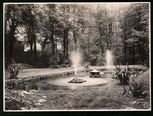 Fotografie Brück & Sohn Meissen, Ansicht Lichtenwalde, Teich mit Wasserfontänen im Schlosspark