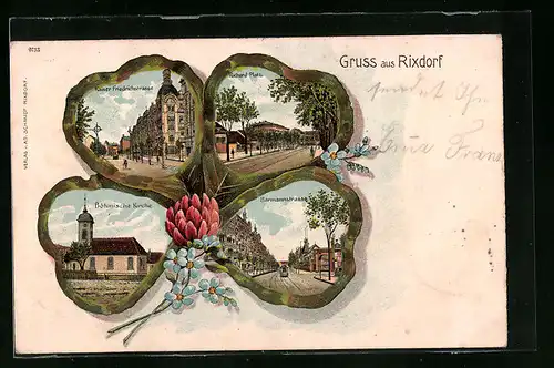 Passepartout-Lithographie Berlin-Rixdorf, Richardplatz, Böhmische Kirche und Hermannstrasse