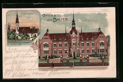 Lithographie Berlin-Britz, Kirche am See und Kreiskrankenhaus