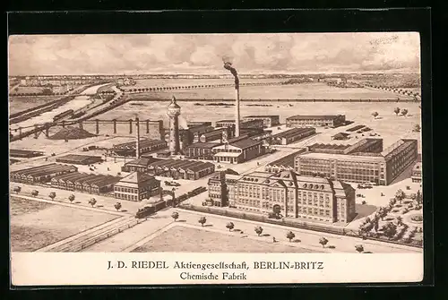 Künstler-AK Berlin-Britz, Chemische Fabrik der J. D. Riedel Aktiengesellschaft aus der Vogelschau