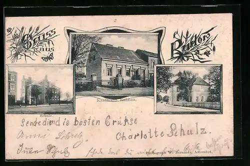 AK Berlin-Rudow, Schule, Geschäft des Kaufmannes Ruhnau