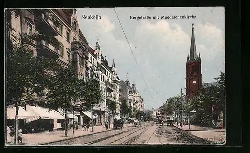 AK Berlin-Neukölln, Partie in der Bergstrasse mit Magdalenenkirche