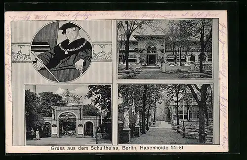 Passepartout-AK Berlin, Gasthaus Zum Schultheiss, Hasenheide 22-31, mit Garten und Eingang, Schultheiss-Emblem