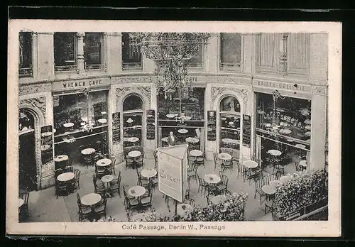 AK Berlin, Cafe Passage, Fassade und Tische aus der Vogelschau