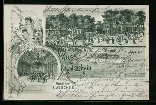 Lithographie Berlin-Niederschöneweide, Gasthaus Neptunshain - Gebäude mit Garten und Ausflugsschiff, Innenansicht