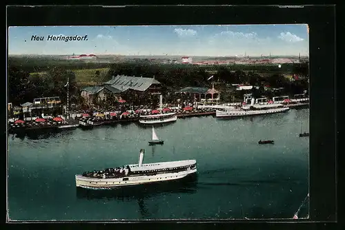 AK Berlin-Köpenick, Gasthof Neu-Heringsdorf mit Dampfern aus der Vogelschau