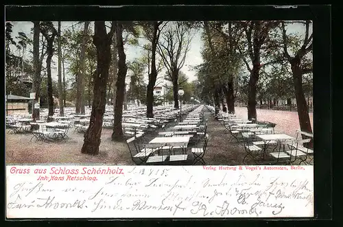 AK Berlin-Pankow, Gasthaus Schloss Schönholz, Garten mit Tischen