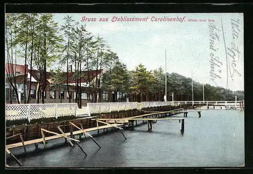 AK Schmöckwitz, Etablissement Carolinenhof mit Anlegeplatz