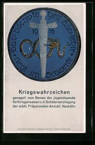 AK Berlin-Neukölln, Kriegswahrzeichen, Nagelung 1916, Städt. Präparandenanstalt