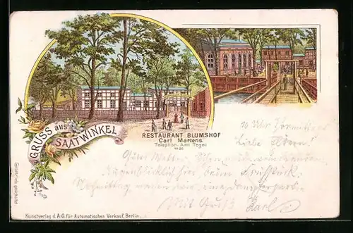 Lithographie Berlin-Tegel, Restaurant Blumshof im Saatwinkel, Brücke