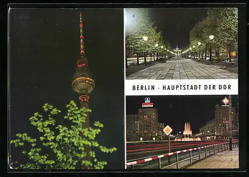 AK Berlin, Fernseh- und UKW-Turm, Brandenburger Tor und Strausberger Platz bei Nacht