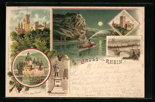 Lithographie Koblenz /Rhein, Loreley mit Dampfer bei Mondschein, Stolzenfels, Blücherdenkmal