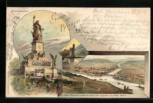 Lithographie Bingen, Teilansicht, Niederwalddenkmal, Mäuseturm