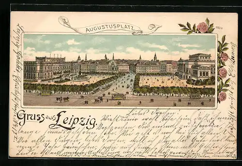 Lithographie Leipzig, Augustusplatz mit Strassenbahn